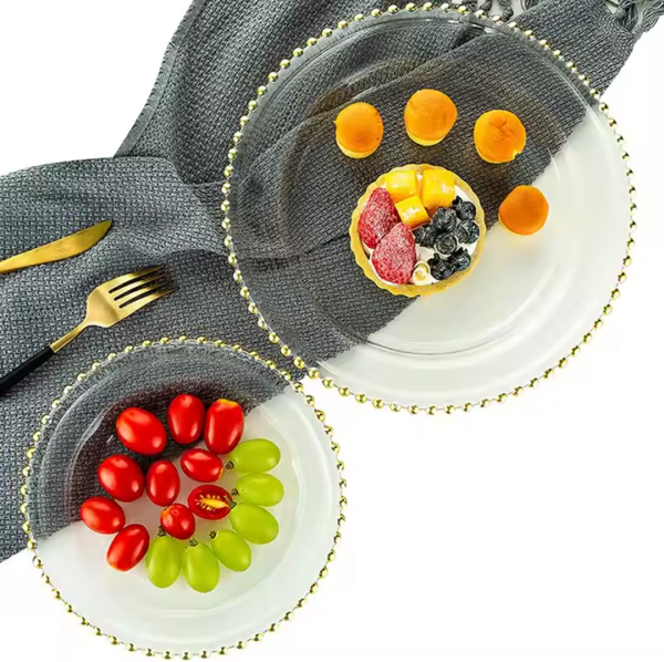 HFF Wholesale Clear Plastic Gold & Silver Beads Rim Wedding Chargers Plateswith Gold Beads for Dinner