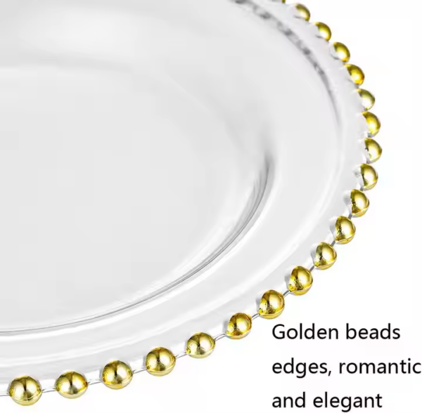 HFF Wholesale Clear Plastic Gold & Silver Beads Rim Wedding Chargers Plateswith Gold Beads for Dinner
